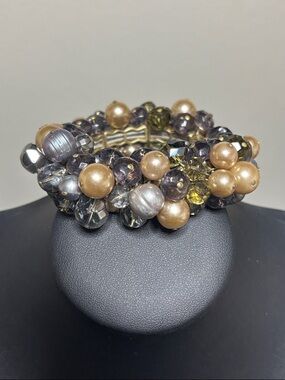 Stella & Dot Faux Pearl Crystal Cluster Black Gold Grey Elegant Stretch Bracelet